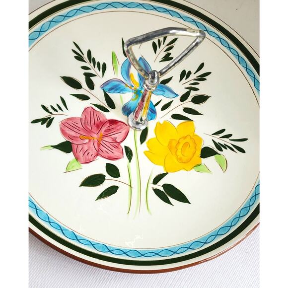 SERVING DISH-STANGL-Red Earthenware-Hand Painted-Silver Tone Center Handle - Picture 6 of 14